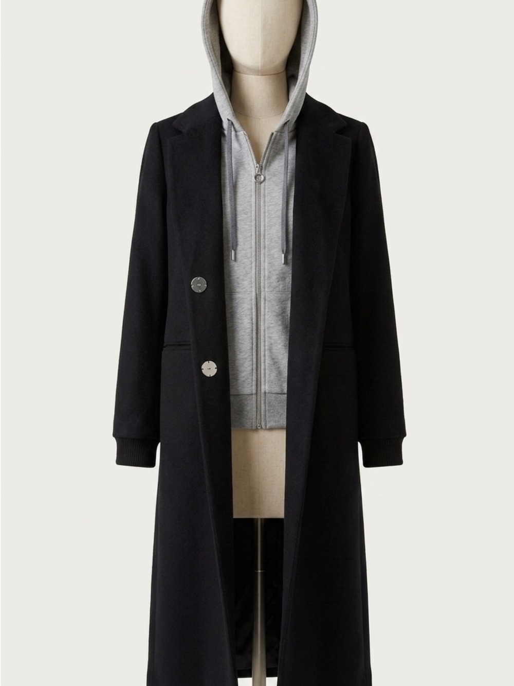 Topshop Black Trench Coat with Grey Hoodie Layered Look